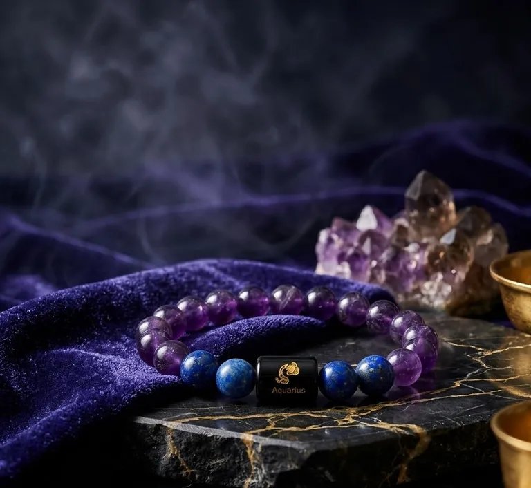 Aquarius Zodiac Bracelet with Amethyst & Lapis Lazuli | Samadhan 4